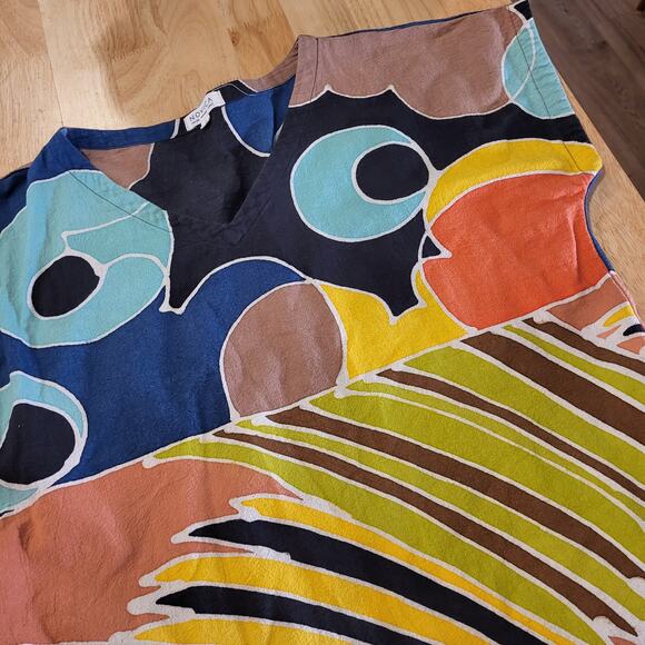 Novica Colorful Cotton Abstract Short Sleeve Midi Dress Pockets 35" L 21"P2P - Picture 7 of 11